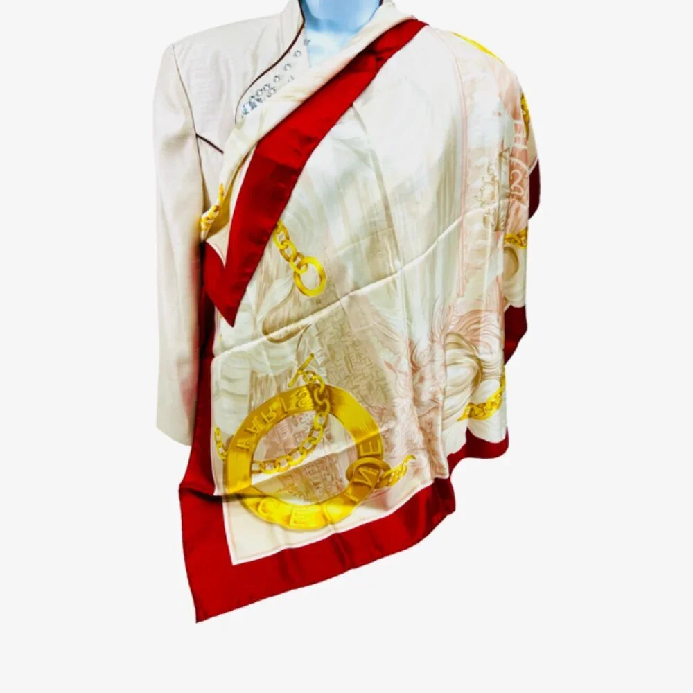 Vintage Celine Paris 100% Silk Scarf Satin 34" Red beich peach pink gold  (35) - Picture 4 of 16